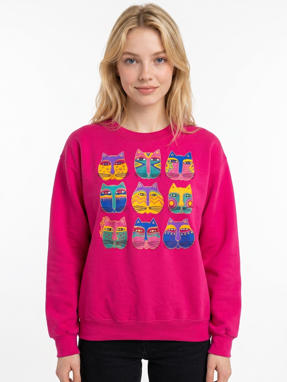 Vintage Laurel Burch Hot Pink Graphic Cat Sweatshirt Medium Stafford Blaine 90s